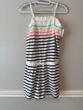 GAP Girls White Dress with Navy Stripes and Rainbow Accent